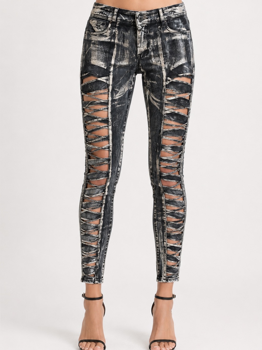 Denimocracy Black Gold Shredded Cutout Stretch Skinny Jeans Size Large